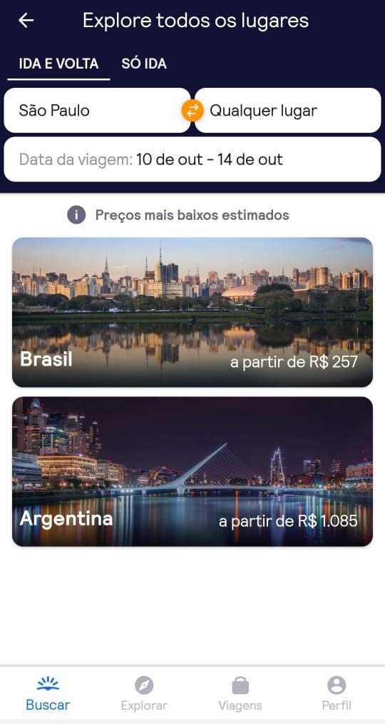 Tela do aplicativo do Skyscanner