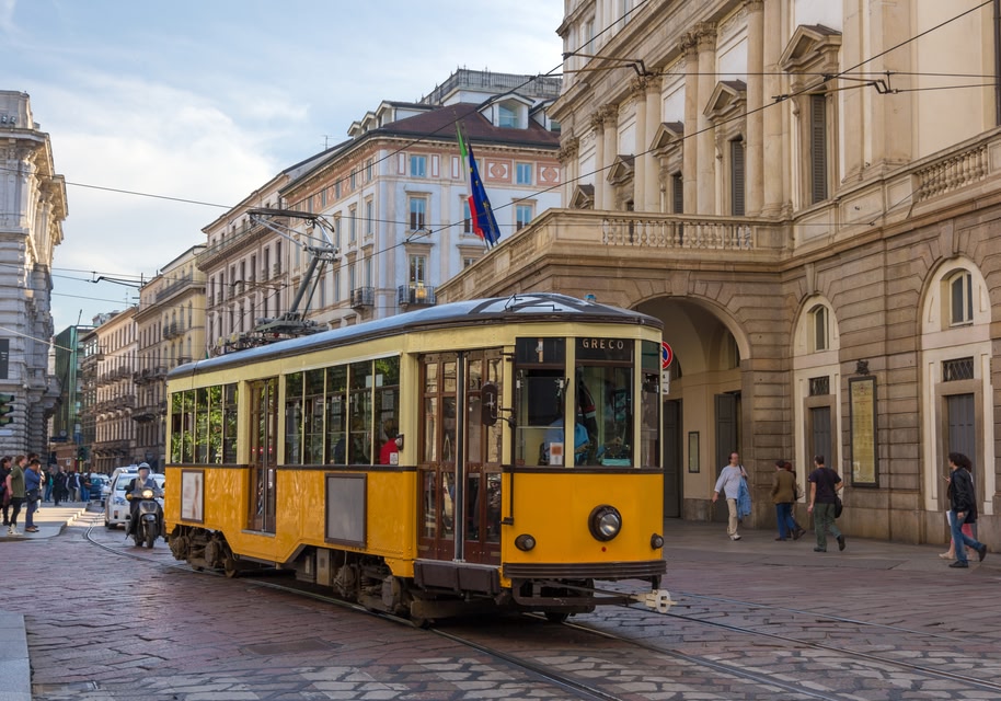 tram on the streets of Milan, Italy