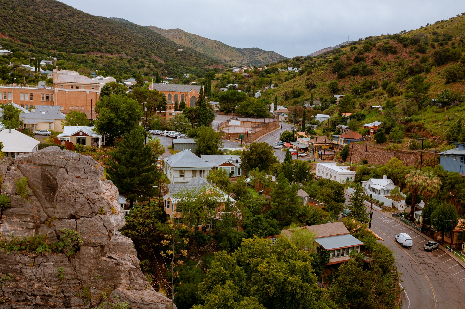 Hilltop view of building and streets in small town Bisbee, Arizona