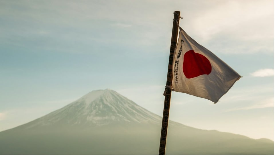 Japanese flag with Fuji mountain 