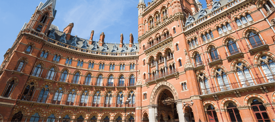 An exterior view of the historic London St Pancras railway station building