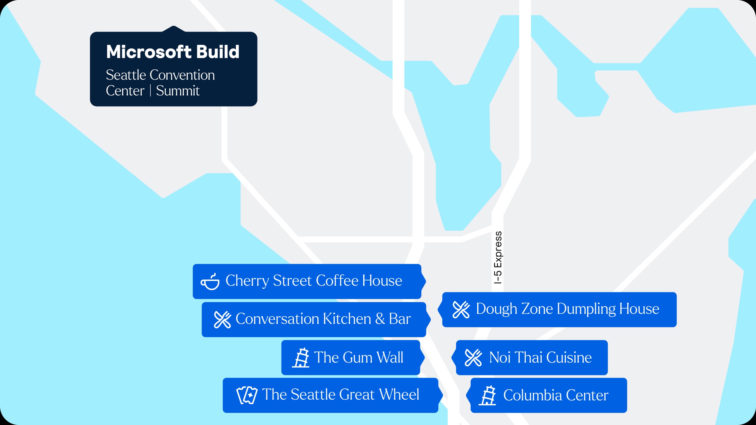 Map showing the venue for Microsoft Build, along with nearby restaurants, coffee shops, and attractions.