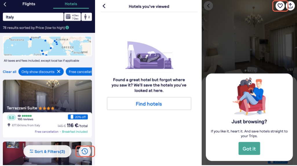 Save all the deals that you find in the Skyscanner app by creating a new Trip