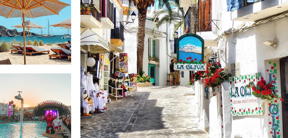 Le immagini raffigurano Ibiza in Spagna, comprese le spiagge e il centro storico