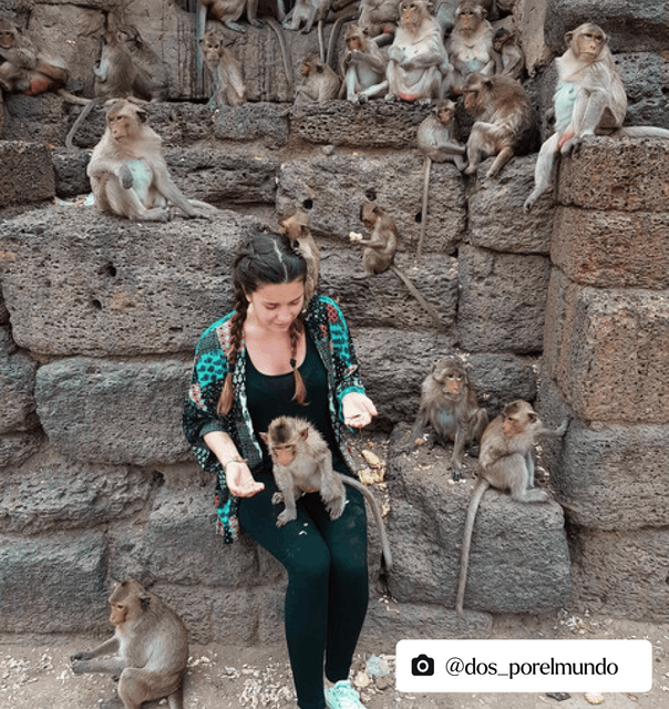 A woman sat on some ruins surrounded by monkeys
