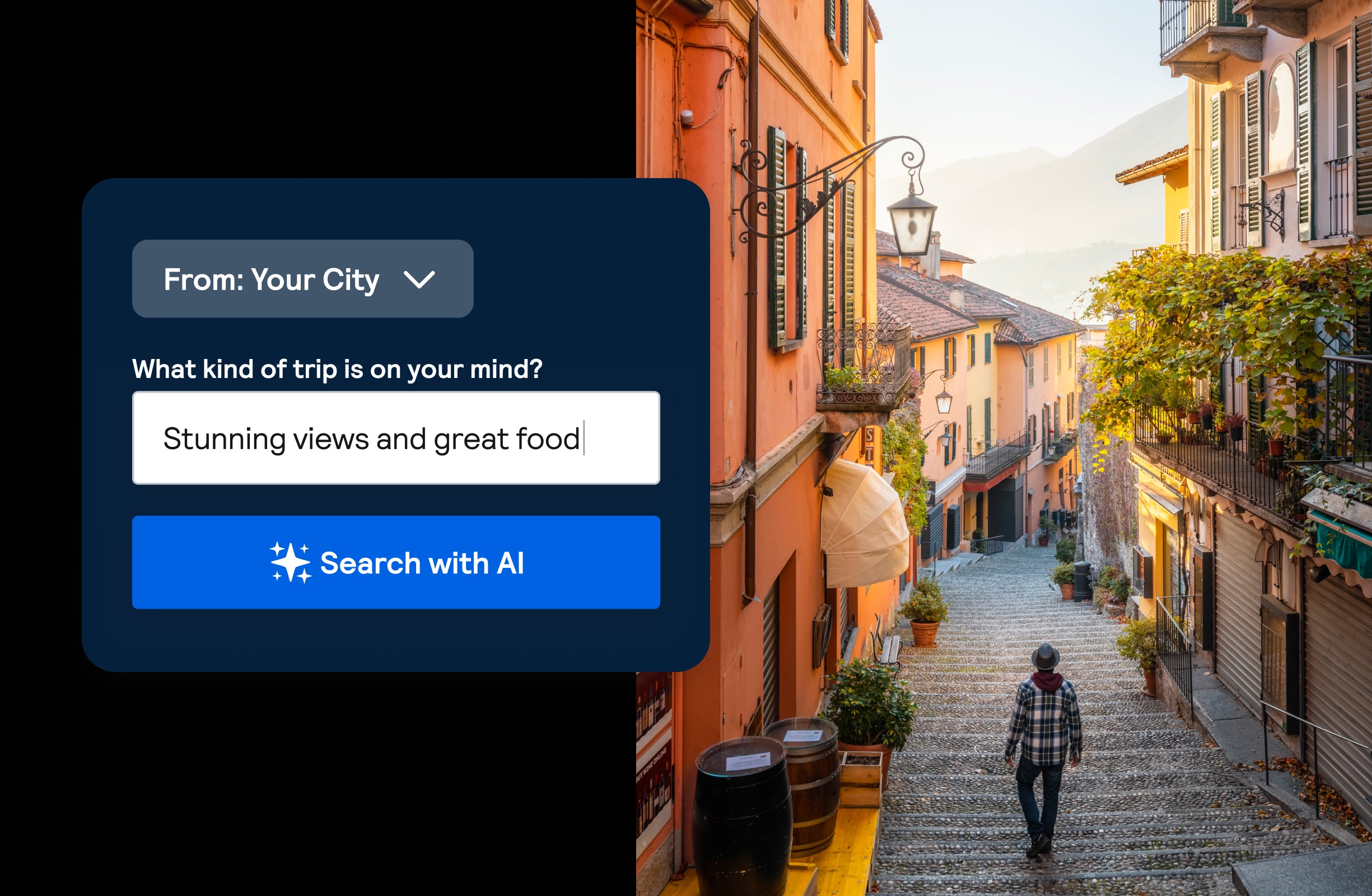 Person walking down streets of old town in European city. A screenshot of Skyscanner Savvy Search function overlaps the image.