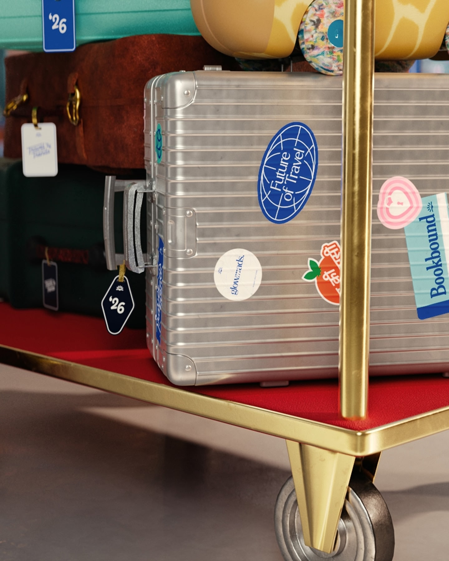 Close up of a silver suitcase featuring personalised stickers of Skyscanner travel trends