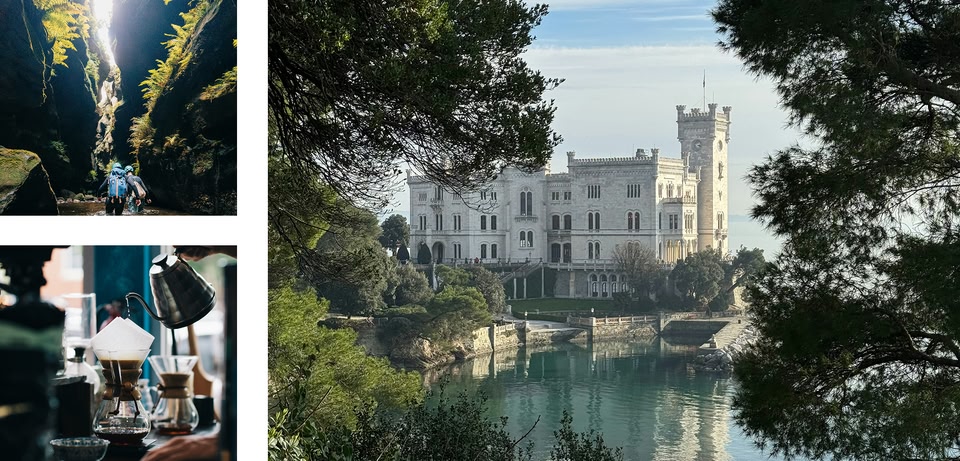 Un castello bianco con un'alta torre si trova sul bordo di uno specchio d'acqua, incorniciato da alberi.