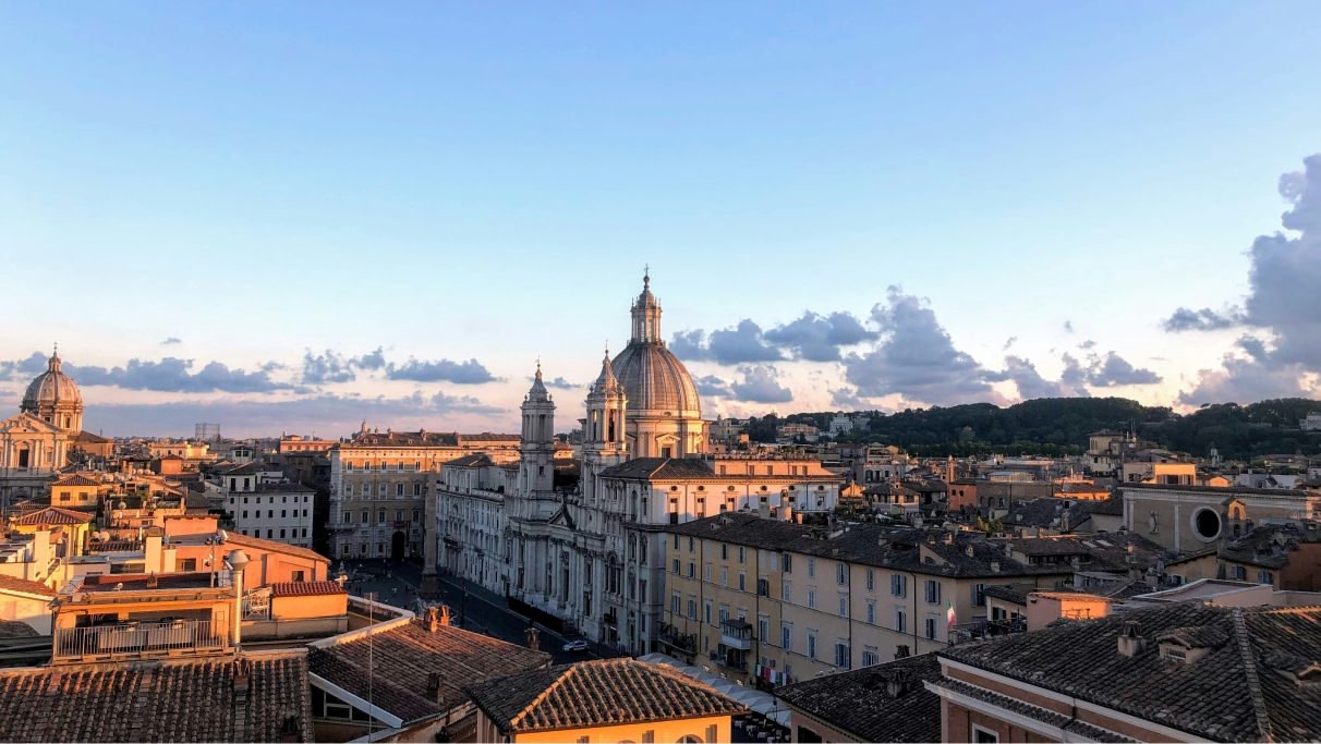 View of domed building in Rome from above, at dusk