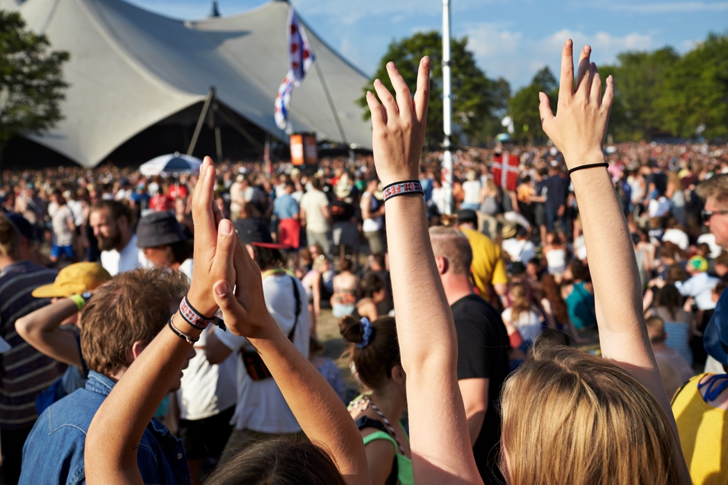 large group of people at an outdoor music festival in summer