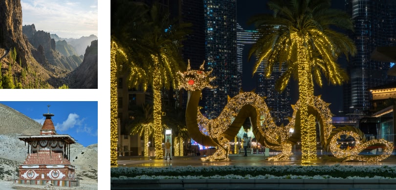Right image: A picture of illuminated dragon and palm treesTop left image: mountain rangeBottom right image: Temple in the mountain
