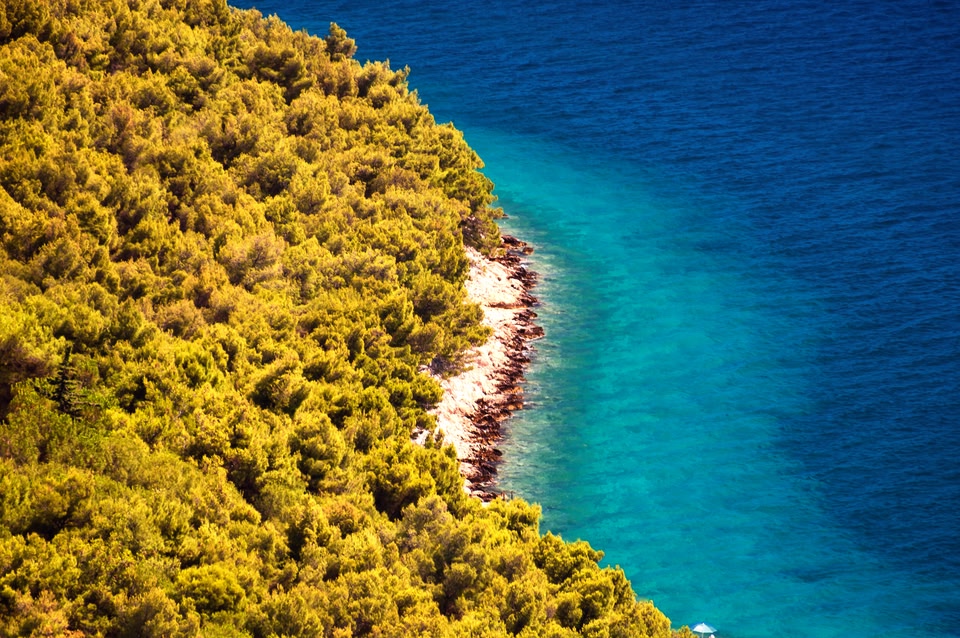 The Zadar coastline: scrubby trees, white sand and turquoise waters.