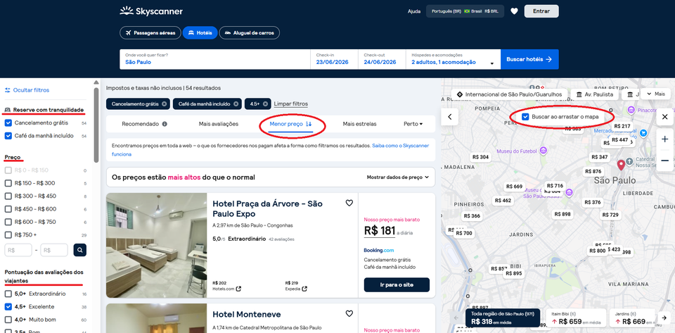 Página de buscas Skyscanner hotéis