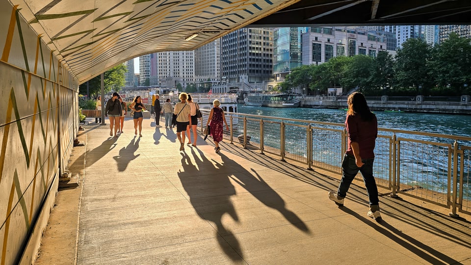 The Chicago Riverwalk in the evening