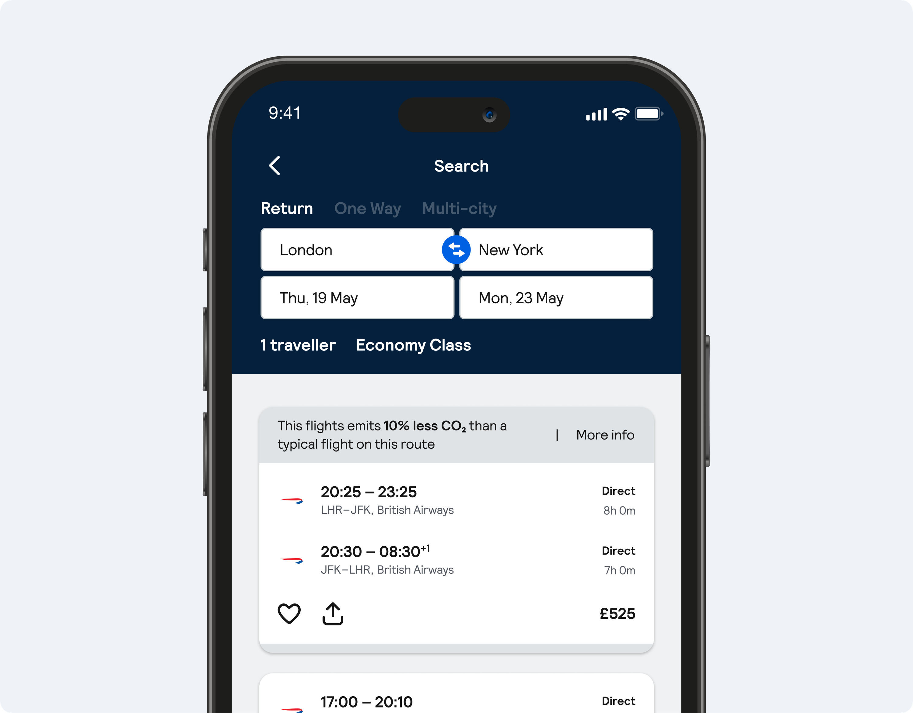Skyscanner mobile app showing lower emissions flights