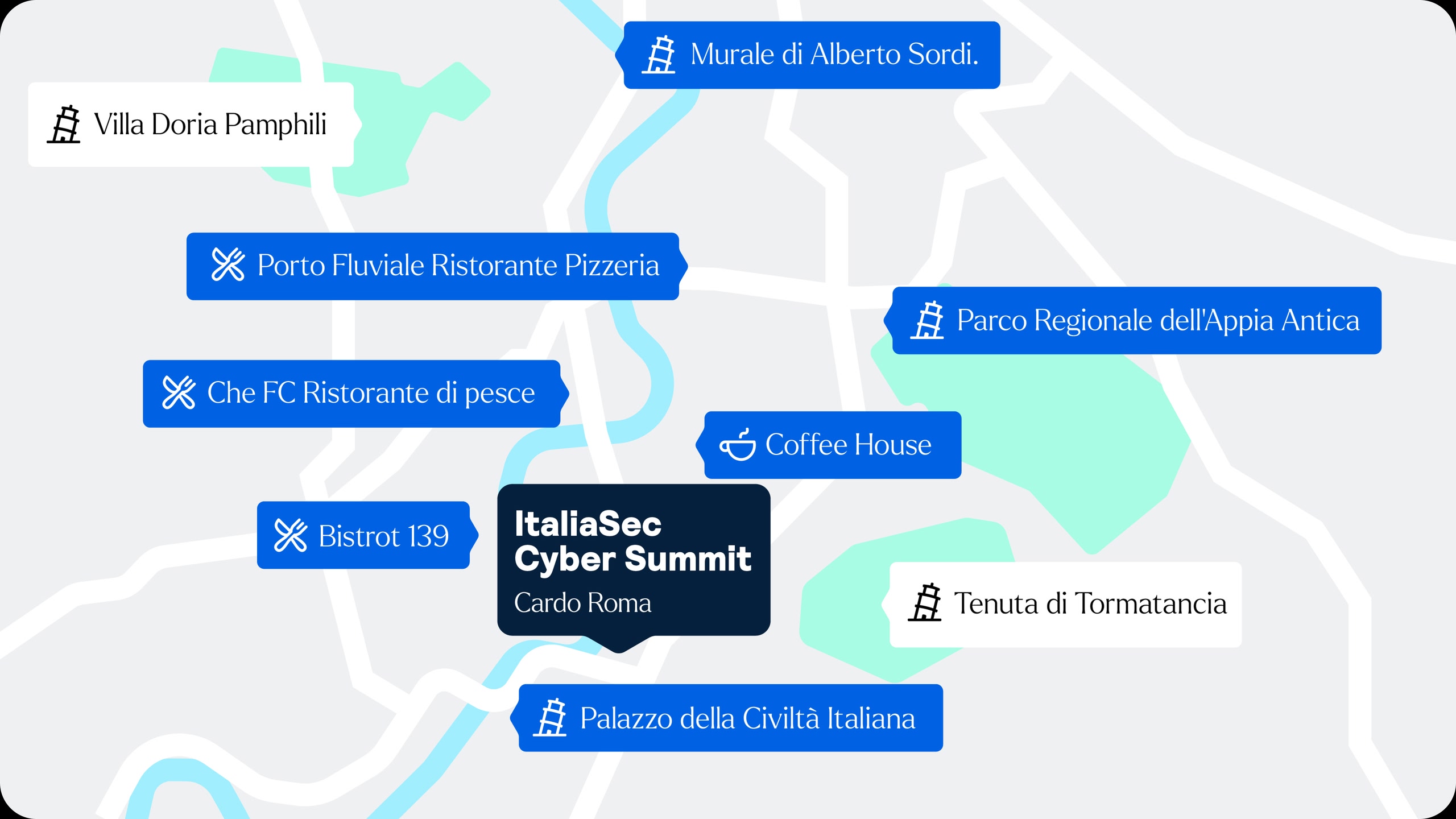 Mappa che mostra la sede del ItaliaSec Cyber Summit, insieme ai ristoranti, caffetterie e attrazioni nelle vicinanze.