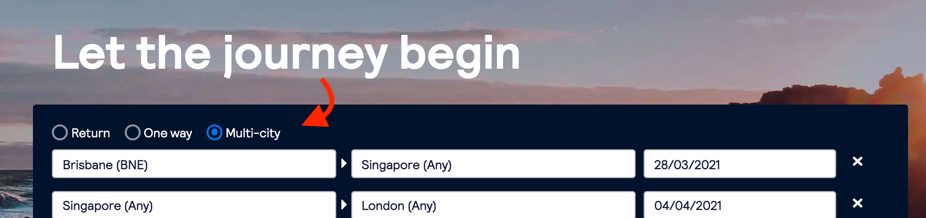multi city flights search bar