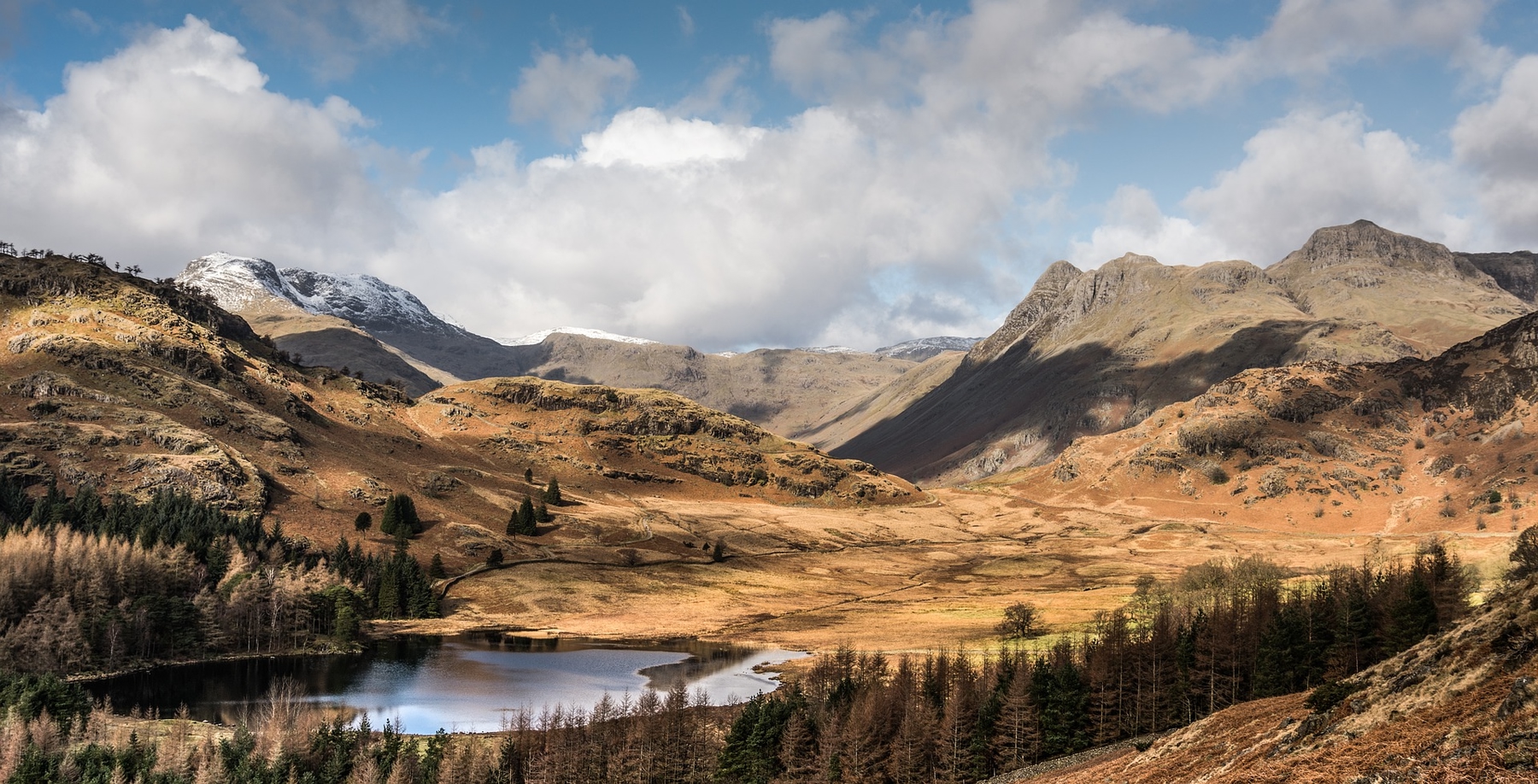 Blea Tarn, a remote country scene with mountains and sparse forest in the Lake District