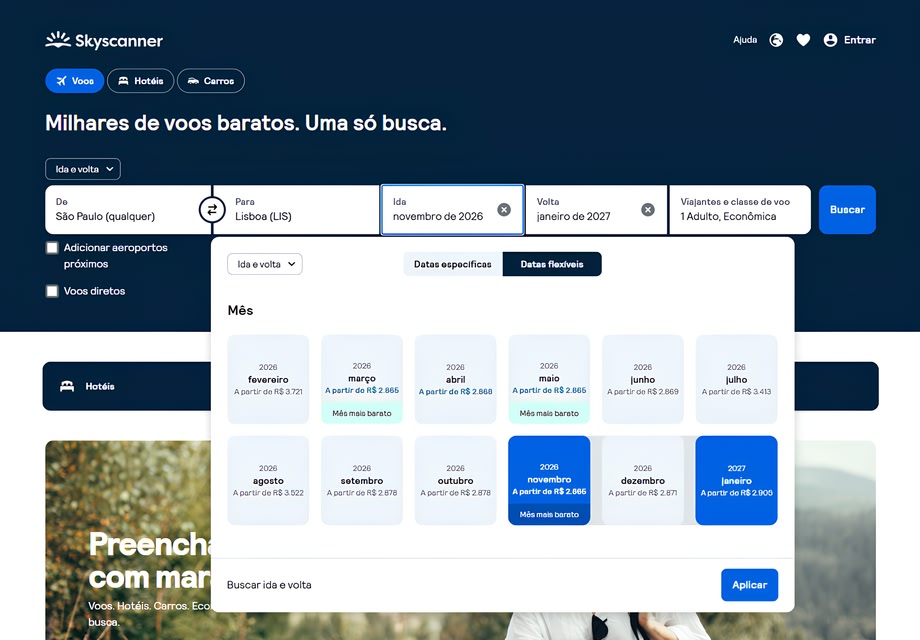 Screenshot of the search for the cheapest day to travel on Skyscanner for desktop.