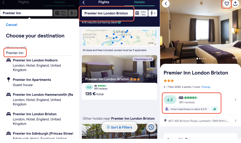 Finding Premier Inn locations in the Skyscanner app