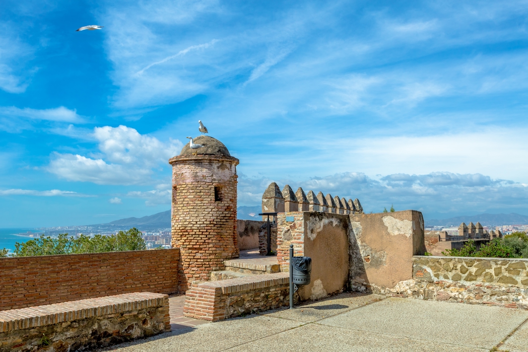 The walls of the Castillo de Gibralfaro or Alcazar, a Spanish fortress, in Malaga city, Andalusia.