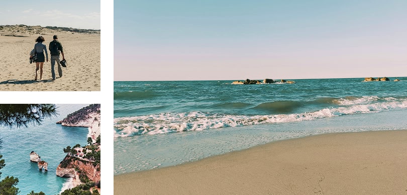 na coppia che cammina su una spiaggia sabbiosa, una vista panoramica di una spiaggia con onde che si infrangono e una baia turchese con scogliere rocciose.