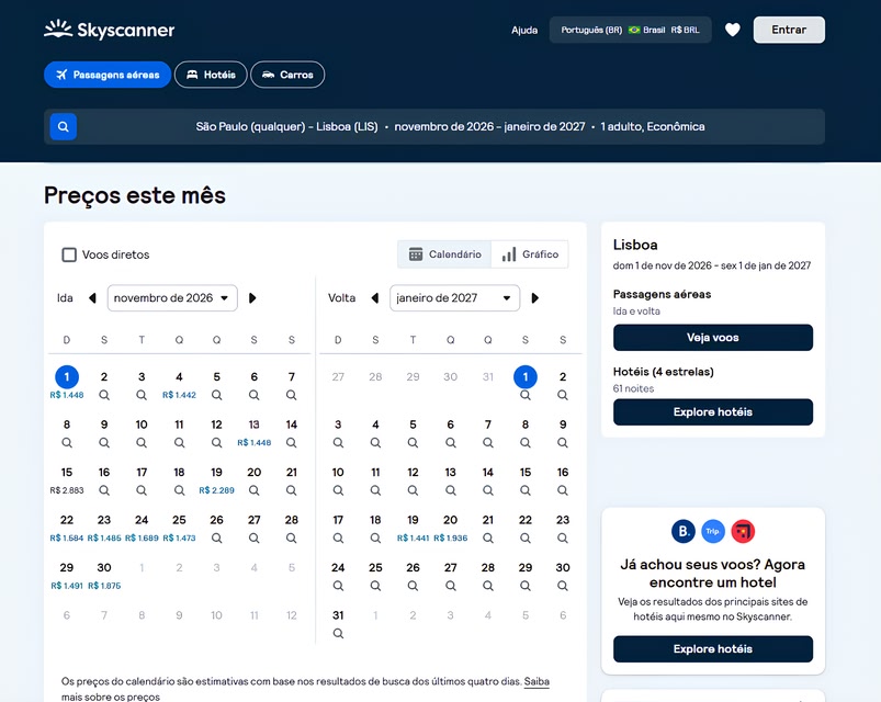 Screenshot of the full-month search on the Skyscanner calendar.