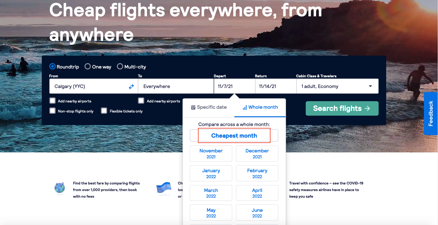 screenshot of Skyscanner Canada's flight search homepage for flights going Everywhere