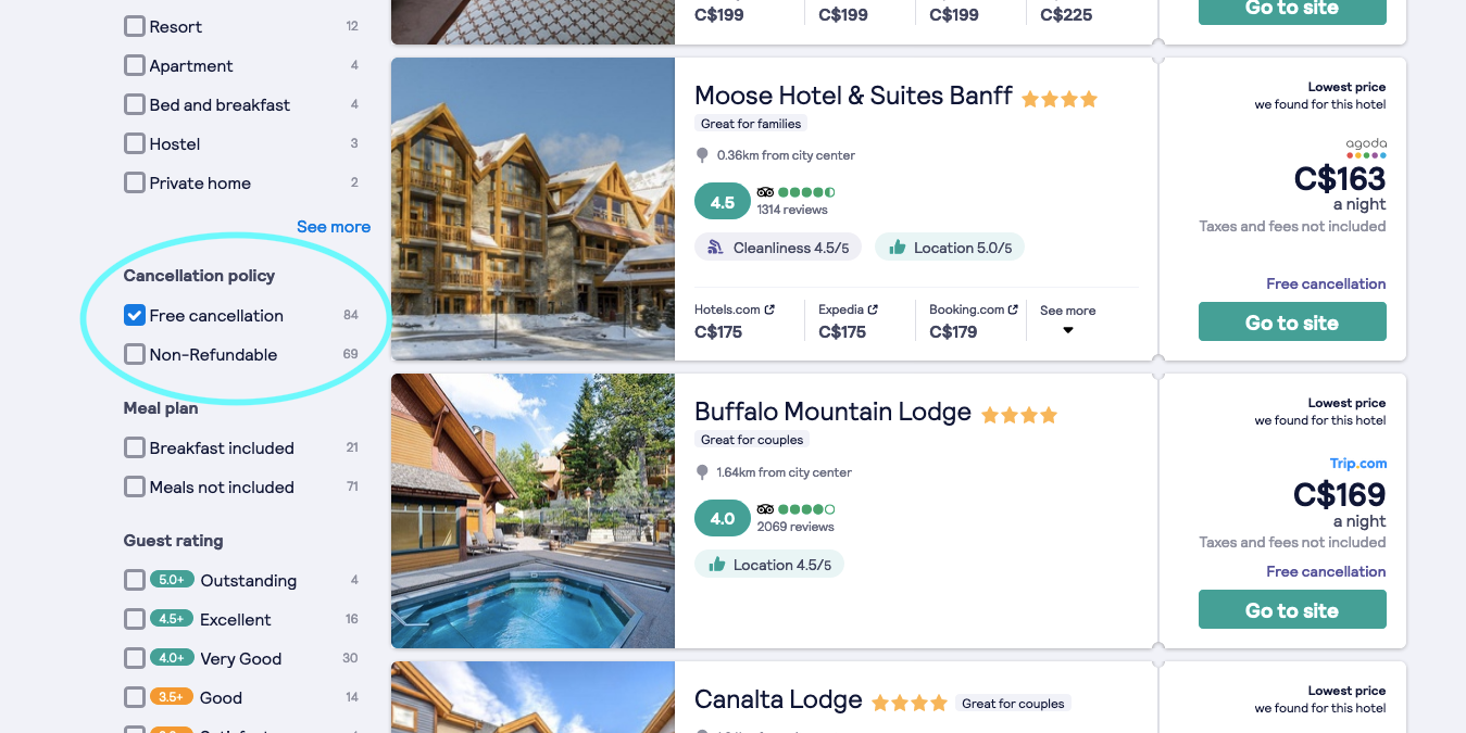 free cancellation booking option with skyscanner's hotel search for booking flexible travel