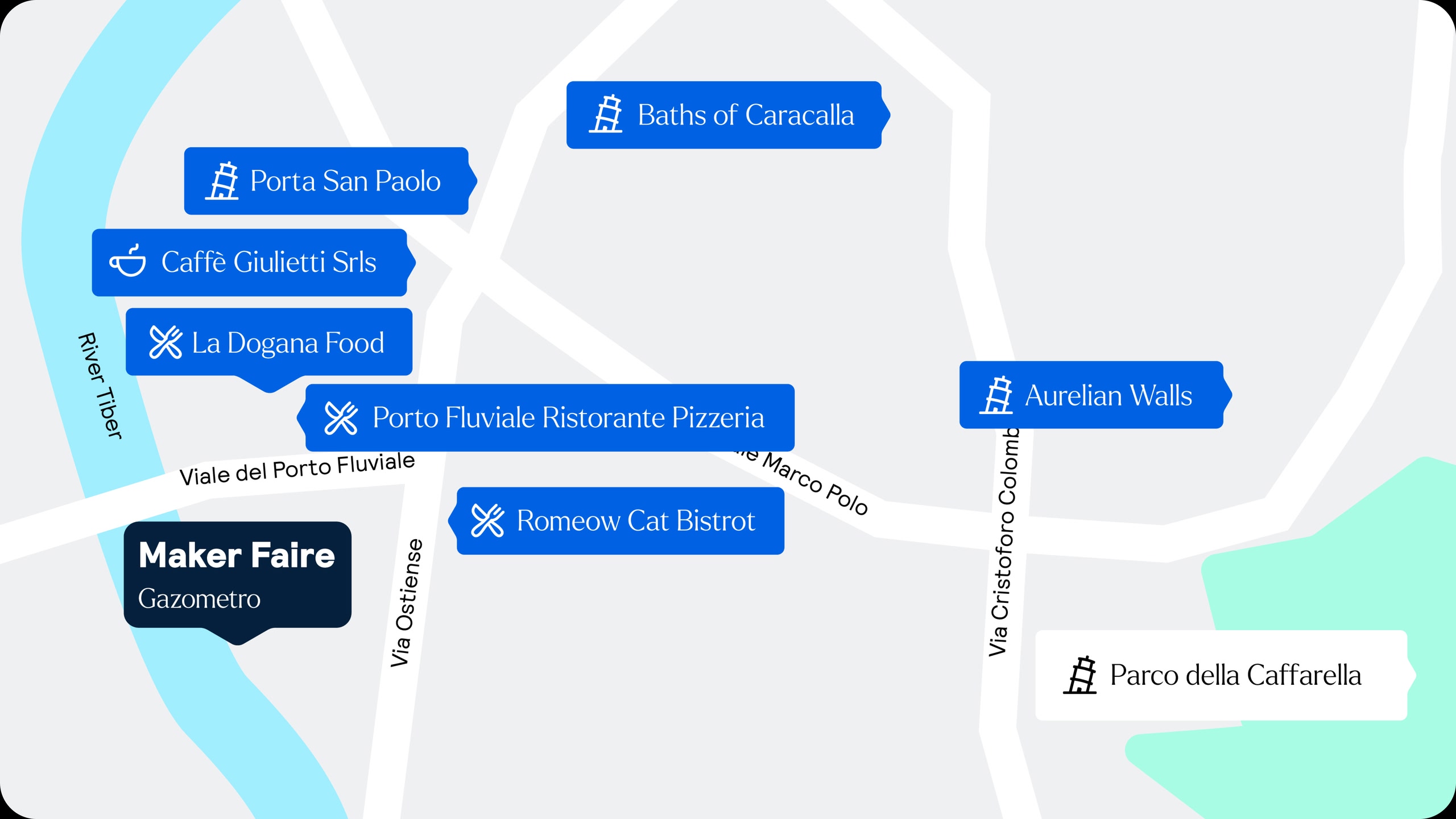 Mappa che mostra la sede della Maker Faire, insieme a ristoranti, caffetterie e attrazioni nelle vicinanze.