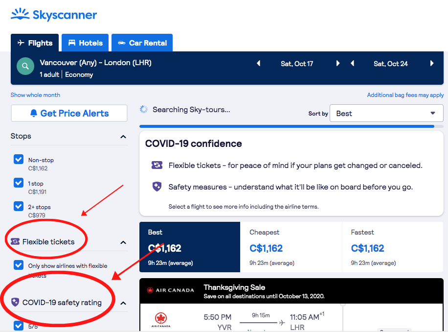 flexible ticket options and travel safety policies on Skyscanner's booking website