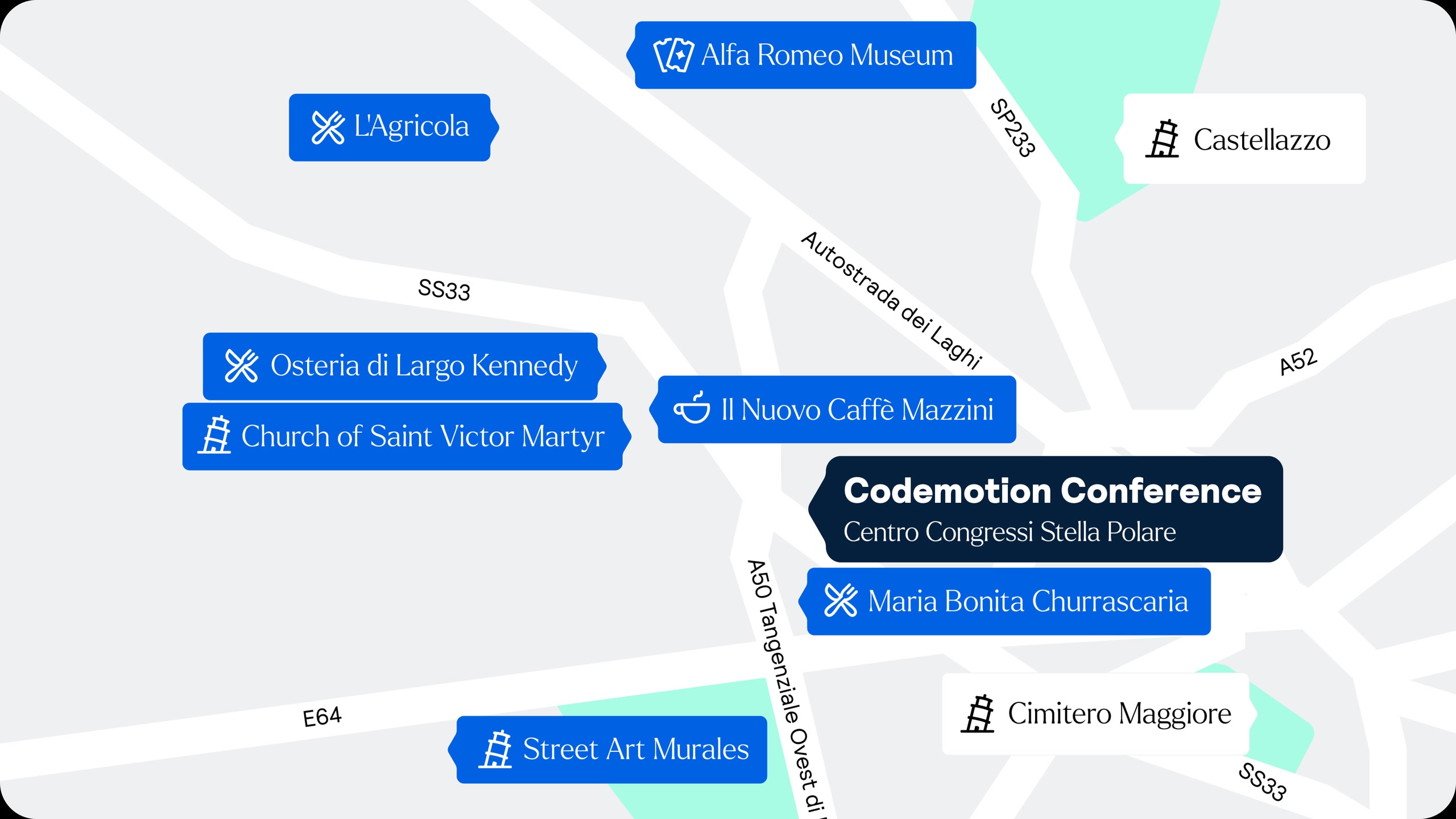 Mappa che mostra la sede della Conferenza Codemotion, insieme ai ristoranti, caffetterie e attrazioni nelle vicinanze.