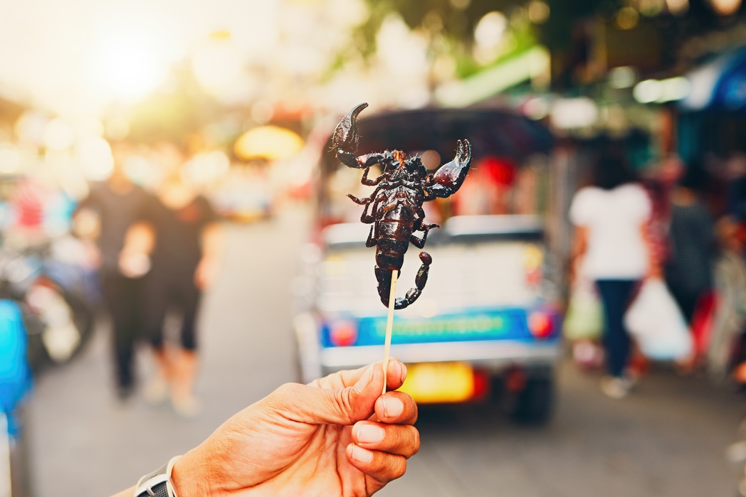 Hand of the Thai vendor showing roasted scorpio. Street market in central Bangkok, Thailand.
