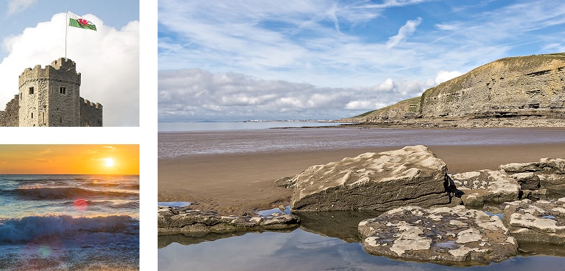 3 different images, one of a castle with a welsh flag on and 2 of different beaches