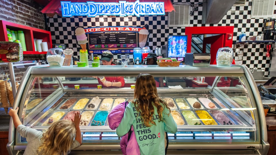 Two children pointing at various flavors of ice cream in a display case at a shop called 'Handdipped Ice Cream'.