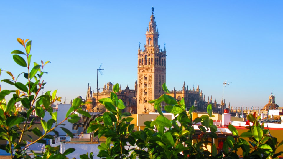 A historic plaza with ornate buildings and people walking and cycling around.