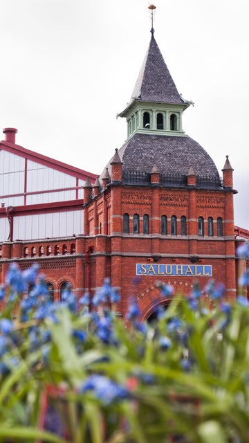 A historic brick building with a blue sign reading 'SALUHALL' and a green tower with a weather vane, surrounded by blue flowers.