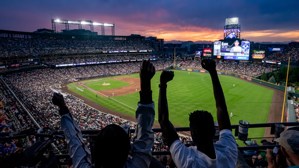 A large crowd of spectators cheering in a stadium during a baseball game at sunset.