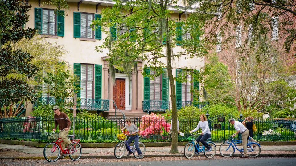 Group of people riding bicycles on a street in Savannah, Georgia.