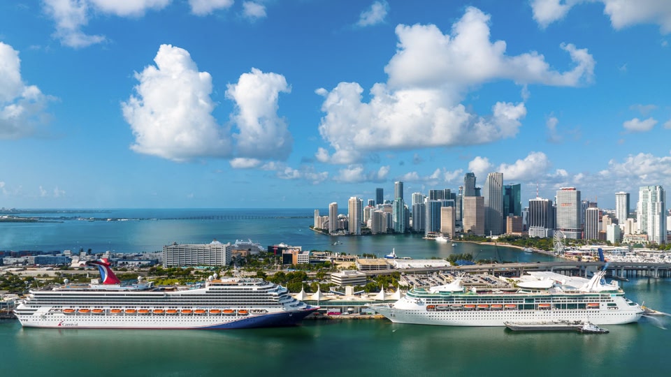 Two large cruise ships docked at a bustling port with a city skyline in the background.