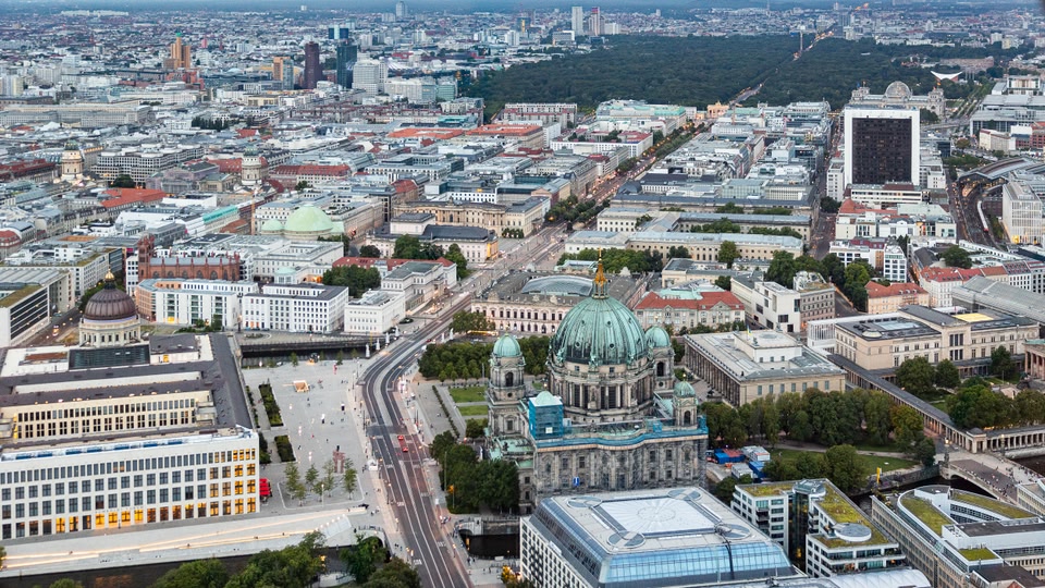 Aerial view of Berlin city with prominent buildings and the Berlin Cathedral