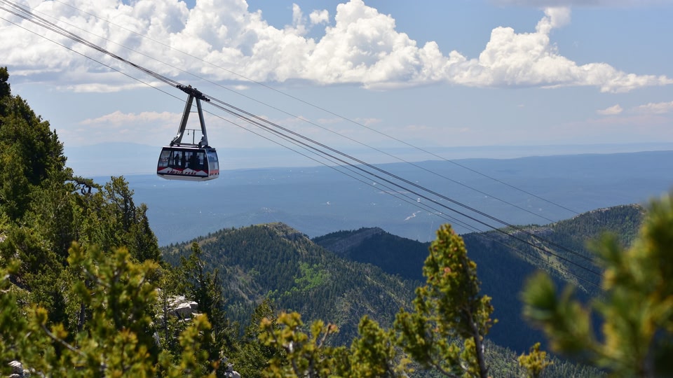 A gondola hanging from cables over a mountainous landscape with dense forests and a cloudy sky.
