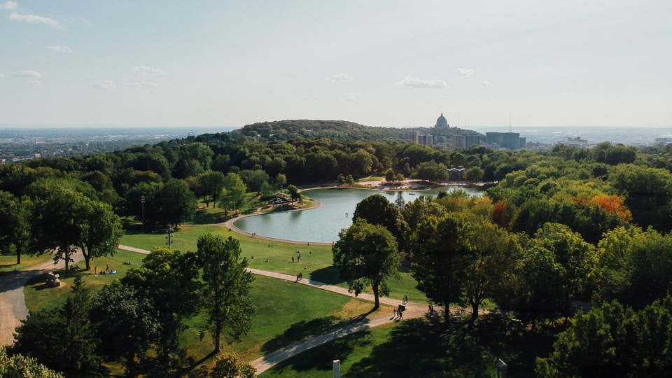 Aerial view of a park with a large lake, surrounded by trees and greenery, with people walking on paths.