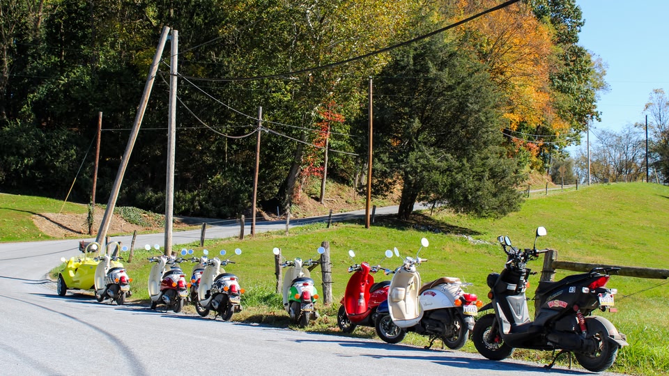 Several scooters parked in a row along a rural road with autumn trees in the background.