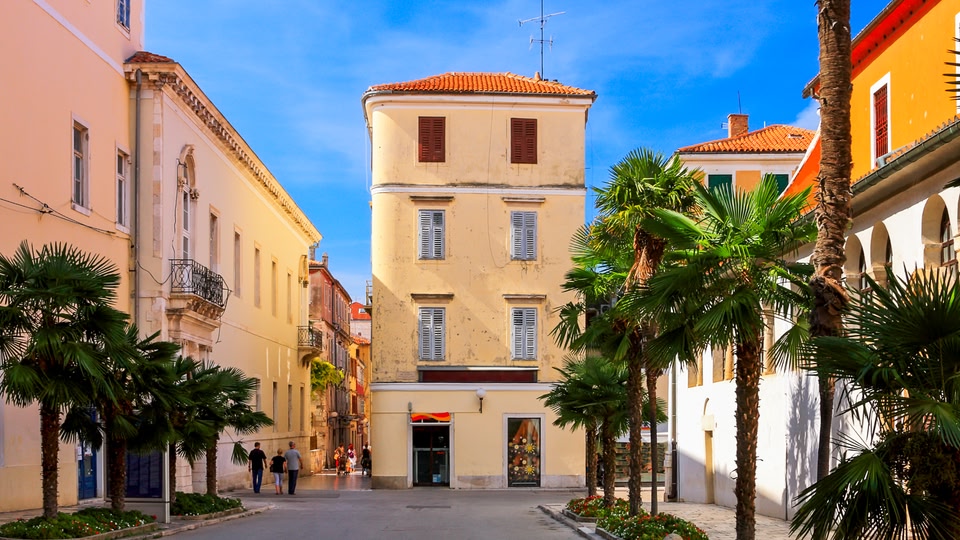A narrow street in Zadar, Croatia, lined with tall buildings and palm trees. People are walking down the street, and there are storefronts on the side.