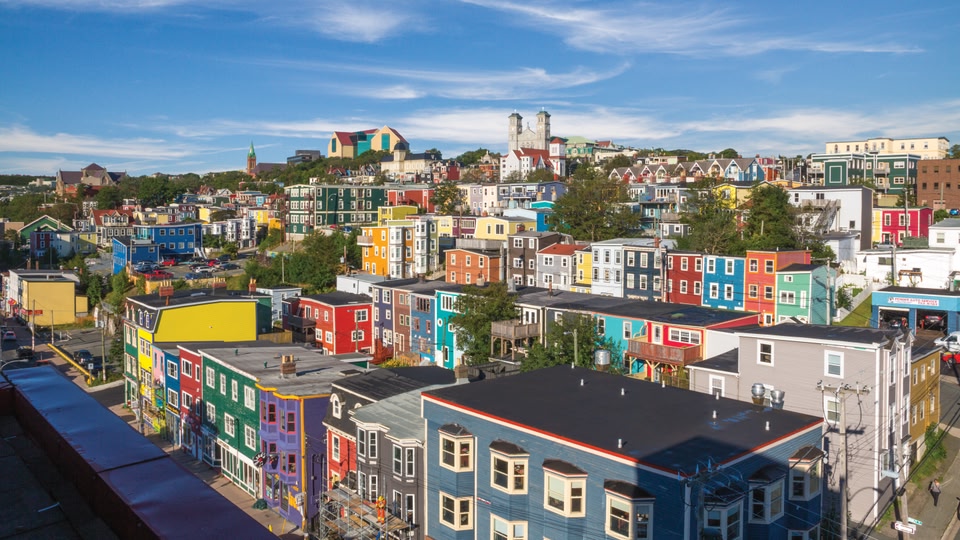 Aerial view of the colorful and historic city skyline in St John's, Newfoundland and Labrador, Canada.